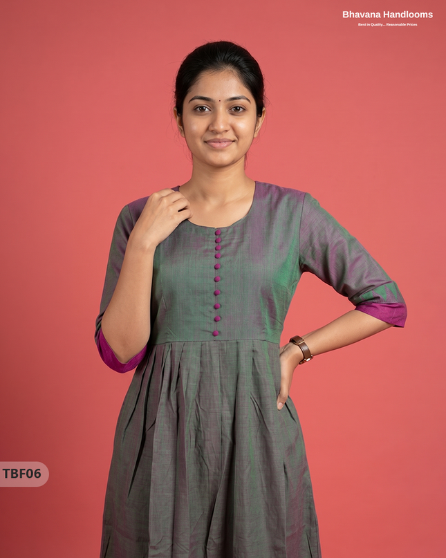 Premium Mangalagiri Temple Border Frock with Potli Balls | Smoky Olive Grey Colour | Half Lining