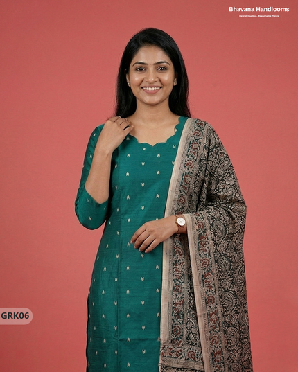 Raw Silk 3PC Kurti Set with Kalamkari Dupatta & Elastic Bottom in Dark Green Colour | Ethnic Wear