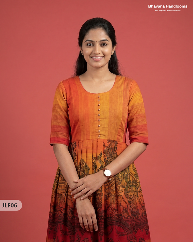 Traditional Handloom Frock with Ramayanam Design Prints in Multi Colour Shades | Vermilion Orange Colour