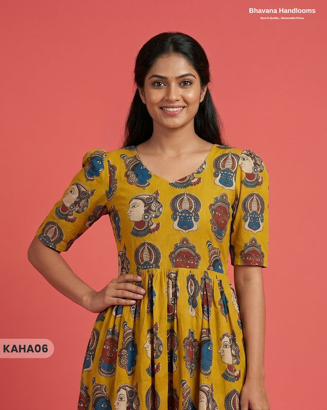 Kathakali Design Kalamkari Frock – Yellow Colour with Half Lining