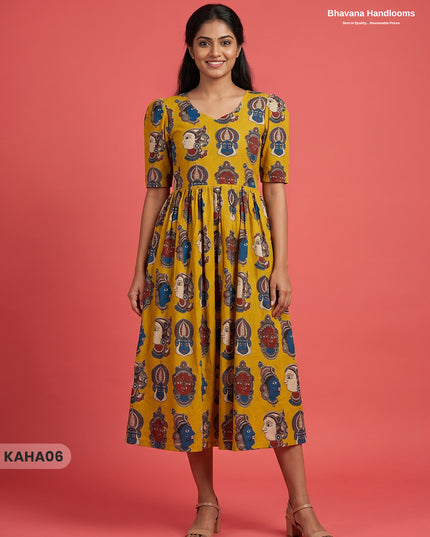 Kathakali Design Kalamkari Frock – Yellow Colour with Half Lining