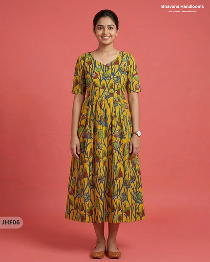 Kalamkari Design Frock – Yellow Colour | Handloom Ethnic Wear with Half Lining