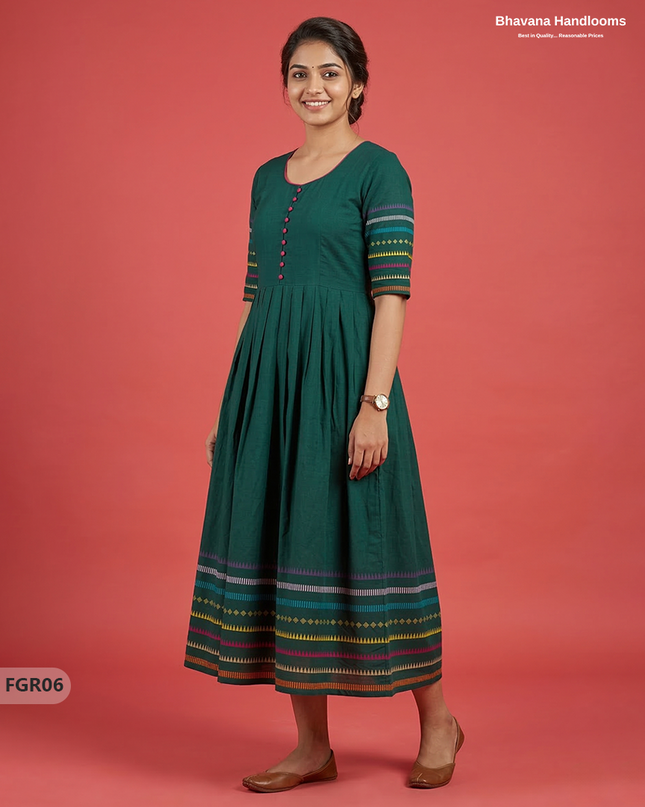 Summer Special Premium Cotton Handloom Frock with Woven Design | Dark Green Colour