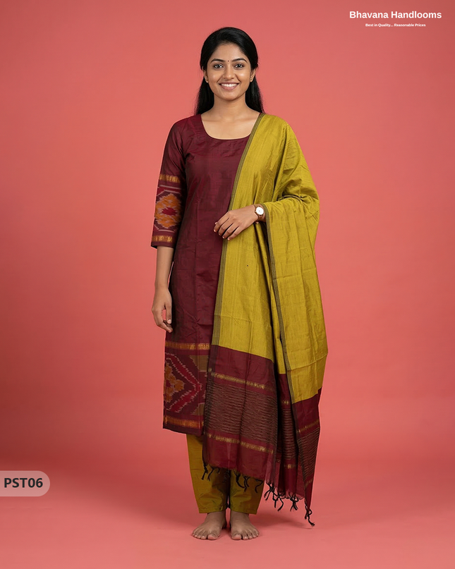 Pochampally Semi Pattu 3PC Kurti Set in Maroon Colour | Ready-to-Wear Ethnic Wear