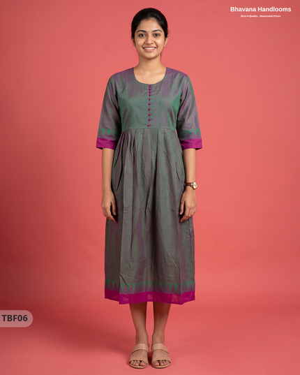 Premium Mangalagiri Temple Border Frock with Potli Balls | Smoky Olive Grey Colour | Half Lining