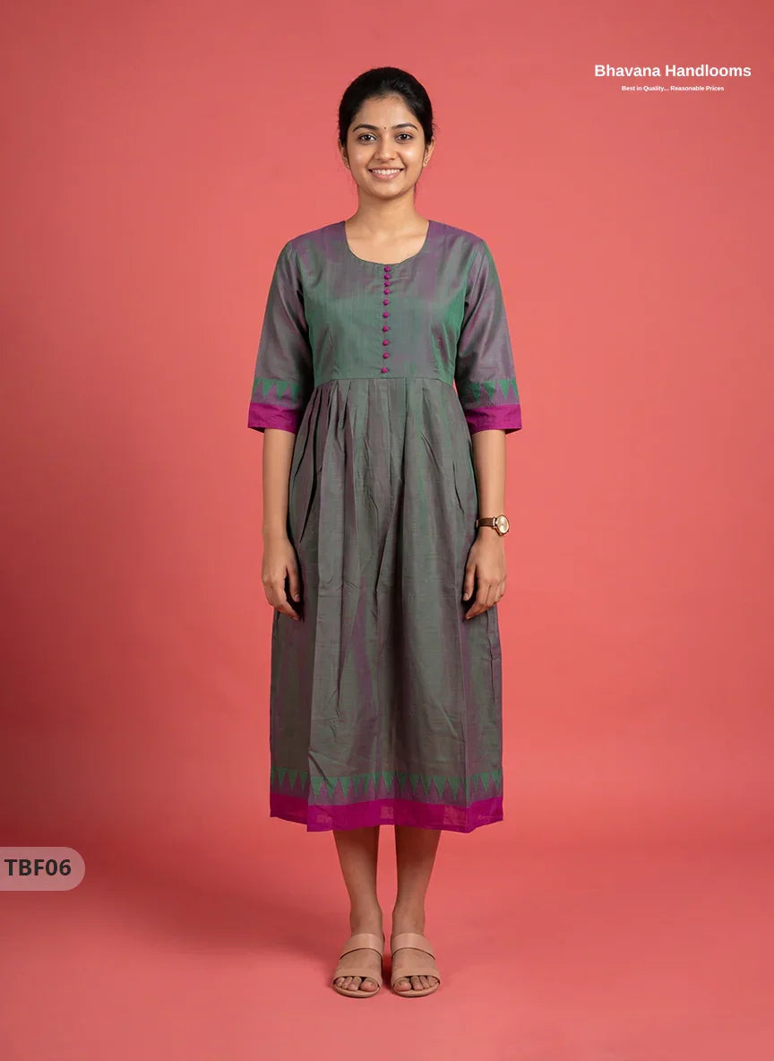 Premium Mangalagiri Temple Border Frock with Potli Balls | Smoky Olive Grey Colour | Half Lining