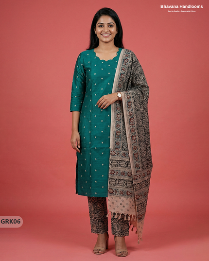 Raw Silk 3PC Kurti Set with Kalamkari Dupatta & Elastic Bottom in Dark Green Colour | Ethnic Wear