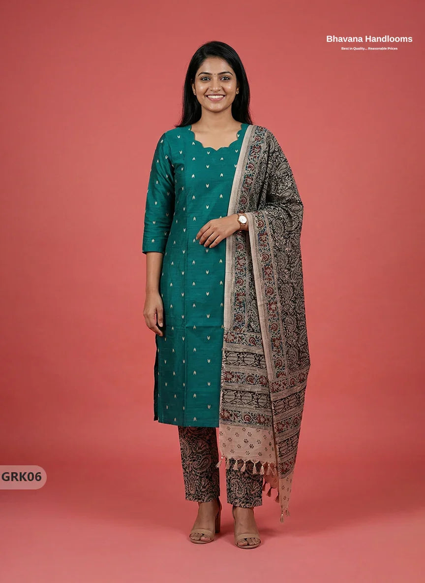 Raw Silk 3PC Kurti Set with Kalamkari Dupatta & Elastic Bottom in Dark Green Colour | Ethnic Wear