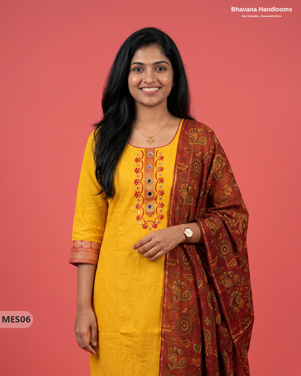 Premium Mangalagiri Kurti Set with Embroidery Design, Threads Bottom & Printed Dupatta – Yellow Colour