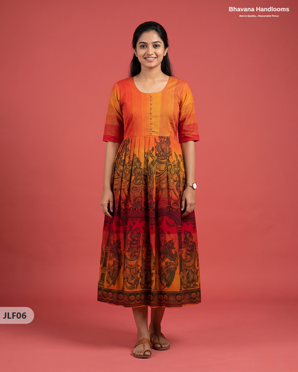 Traditional Handloom Frock with Ramayanam Design Prints in Multi Colour Shades | Vermilion Orange Colour
