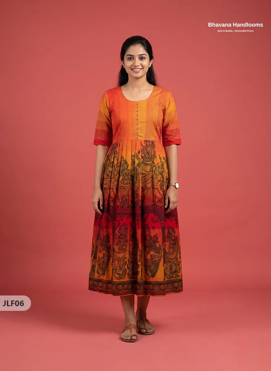 Traditional Handloom Frock with Ramayanam Design Prints in Multi Colour Shades | Vermilion Orange Colour