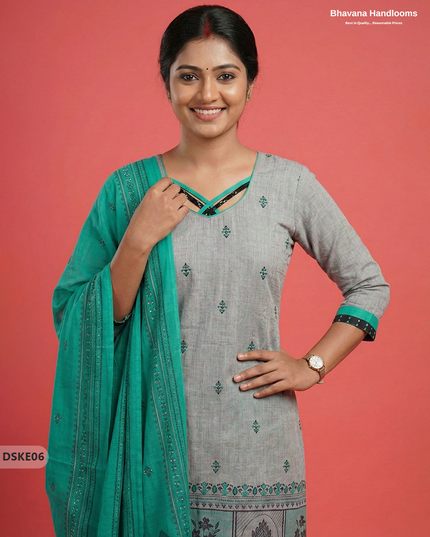 Stylish Grey Sea Green Designer Kurti Set | 3Pc Ready-to-Wear Outfit