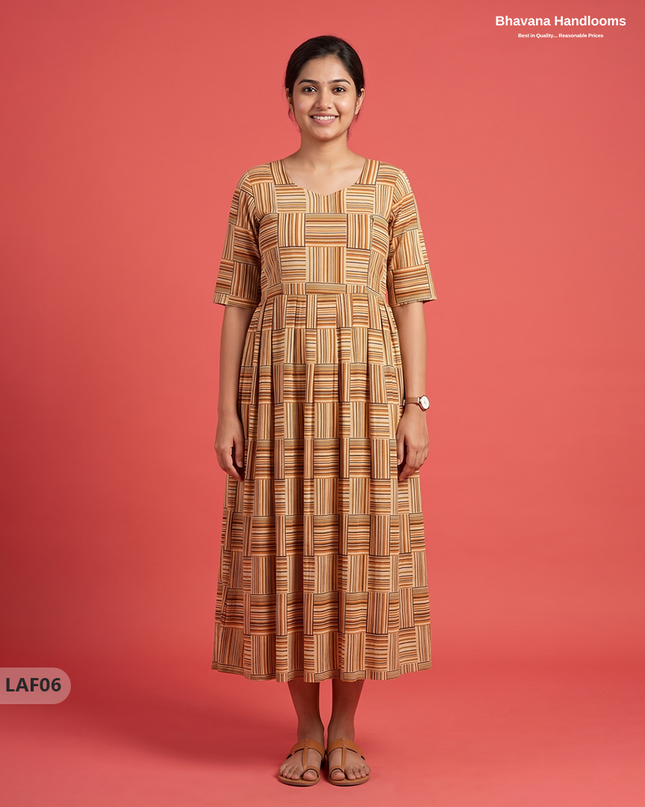 Feeding Frock with Kalamkari Design – Light Brown Color | Invisible Zips | Half Lining Maternity Wear