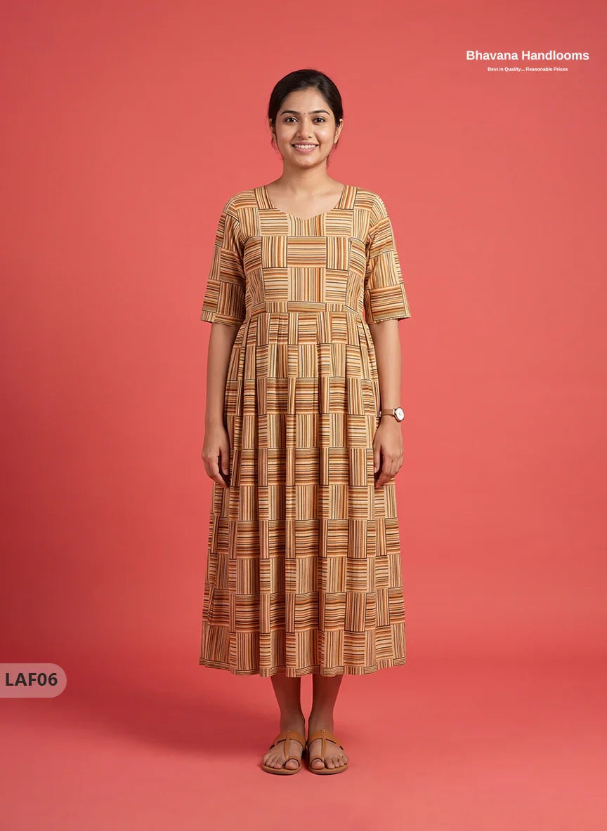 Feeding Frock with Kalamkari Design – Light Brown Color | Invisible Zips | Half Lining Maternity Wear