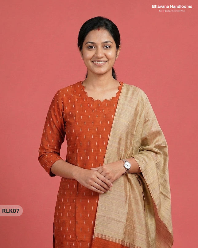 Raw Silk 2PC Set in Orange Colour | Top & Bottom Only Ethnic Wear