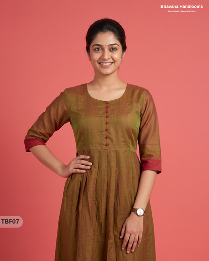 Premium Mangalagiri Temple Border Frock with Potli Balls | Antique Bronze Brown Colour | Half Lining