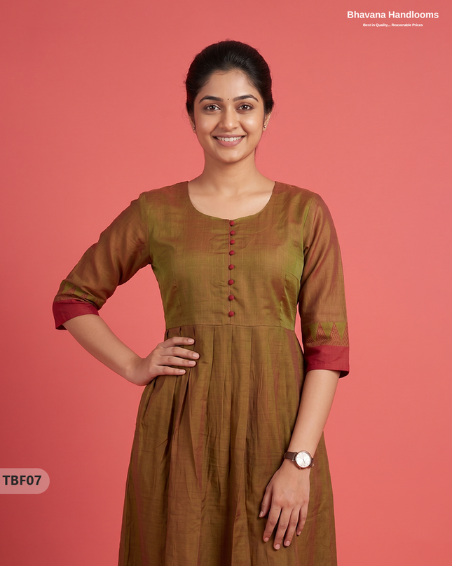 Premium Mangalagiri Temple Border Frock with Potli Balls | Antique Bronze Brown Colour | Half Lining