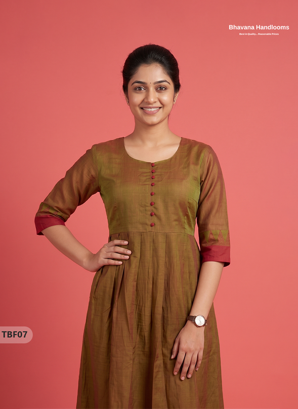 Premium Mangalagiri Temple Border Frock with Potli Balls | Antique Bronze Brown Colour | Half Lining
