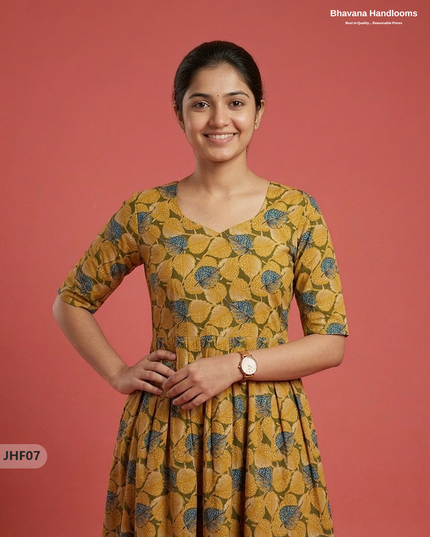 Kalamkari Design Frock – Yellow & Green Colour | Handloom Ethnic Wear with Half Lining