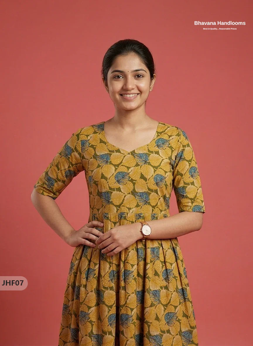 Kalamkari Design Frock – Yellow & Green Colour | Handloom Ethnic Wear with Half Lining
