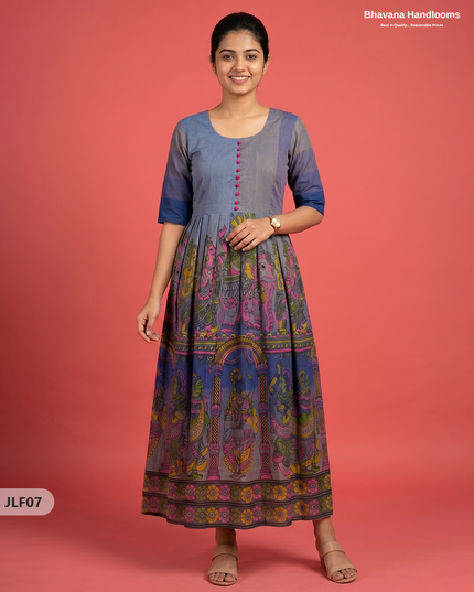 Traditional Handloom Frock with Ramayanam Design Prints in Multi Colour Shades | Dark Dusty Blue Colour