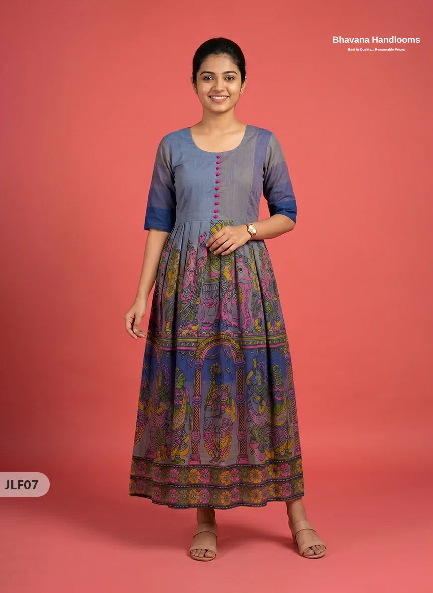 Traditional Handloom Frock with Ramayanam Design Prints in Multi Colour Shades | Dark Dusty Blue Colour