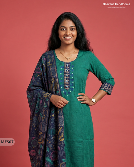 Premium Mangalagiri Kurti Set with Embroidery Design, Threads Bottom & Printed Dupatta – Emerald Green Colour