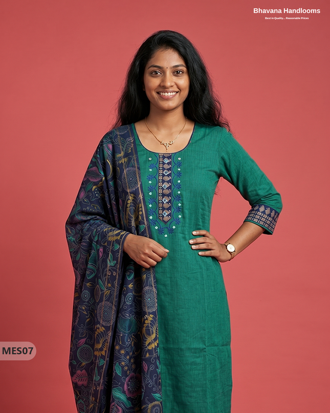 Premium Mangalagiri Kurti Set with Embroidery Design, Threads Bottom & Printed Dupatta – Emerald Green Colour