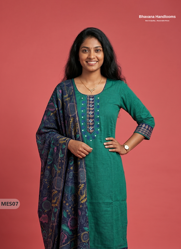 Premium Mangalagiri Kurti Set with Embroidery Design, Threads Bottom & Printed Dupatta – Emerald Green Colour
