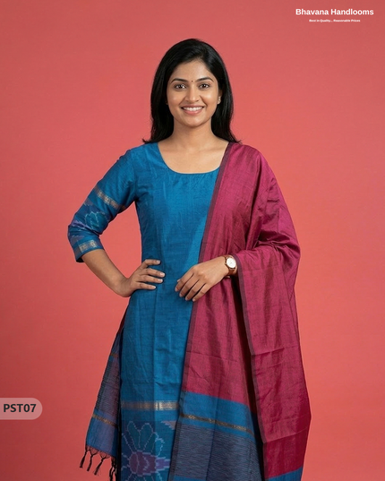 Pochampally Semi Pattu 3PC Kurti Set in Sky Blue Colour | Ready-to-Wear Ethnic Wear