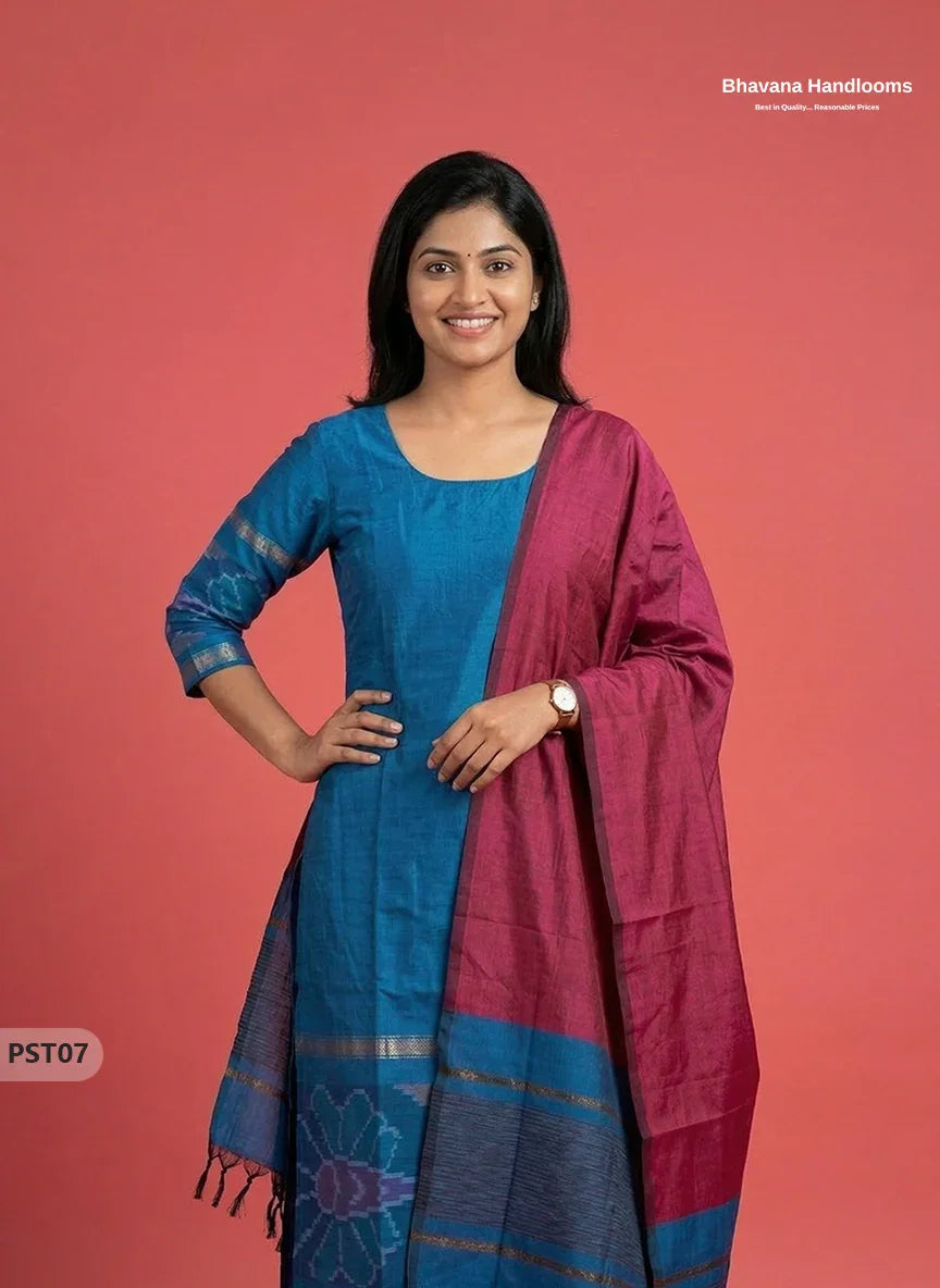 Pochampally Semi Pattu 3PC Kurti Set in Sky Blue Colour | Ready-to-Wear Ethnic Wear