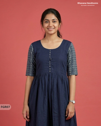Summer Special Premium Cotton Handloom Frock with Woven Design | Navy Blue Colour