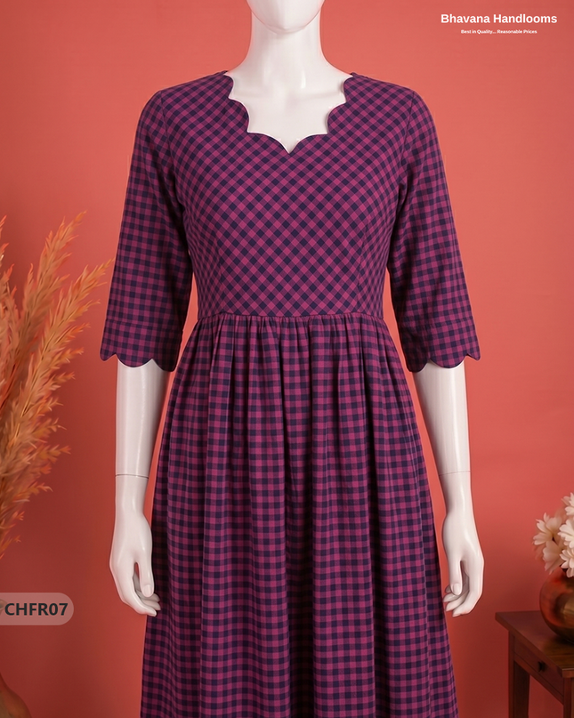 Handloom Cotton Frock in Deep Magenta & Black Checks with Stylish Neck Cut Work | Soft & Comfortable