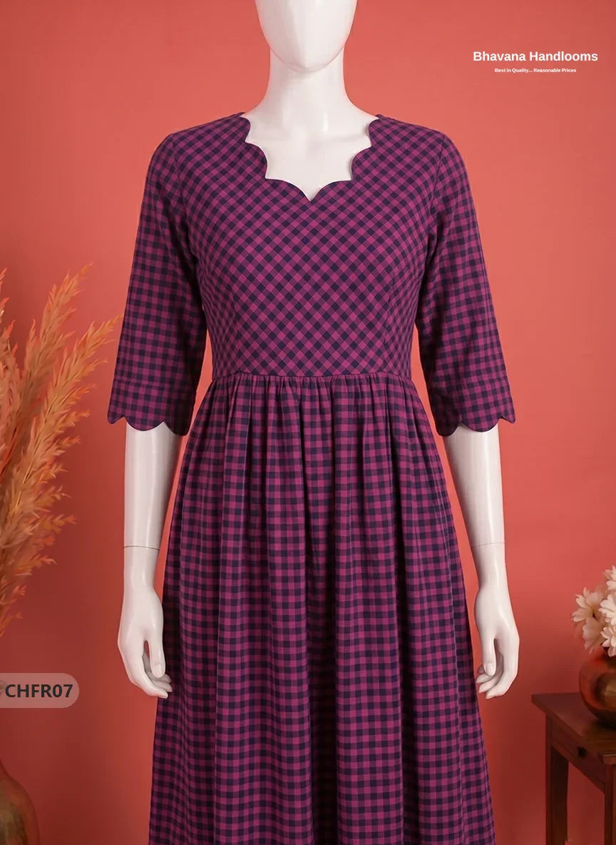 Mangalagiri Cotton Frock in Deep Magenta & Black Checks with Stylish Neck Cut Work | Soft & Comfortable