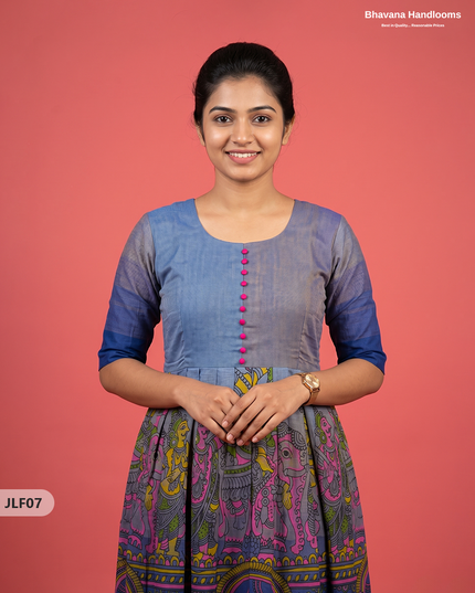 Traditional Handloom Frock with Ramayanam Design Prints in Multi Colour Shades | Dark Dusty Blue Colour