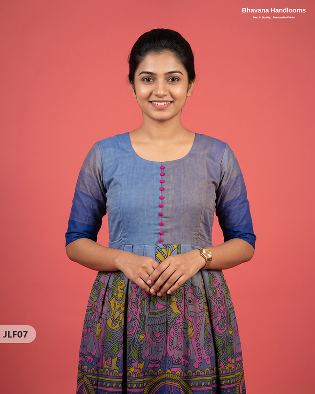 Traditional Handloom Frock with Ramayanam Design Prints in Multi Colour Shades | Dark Dusty Blue Colour