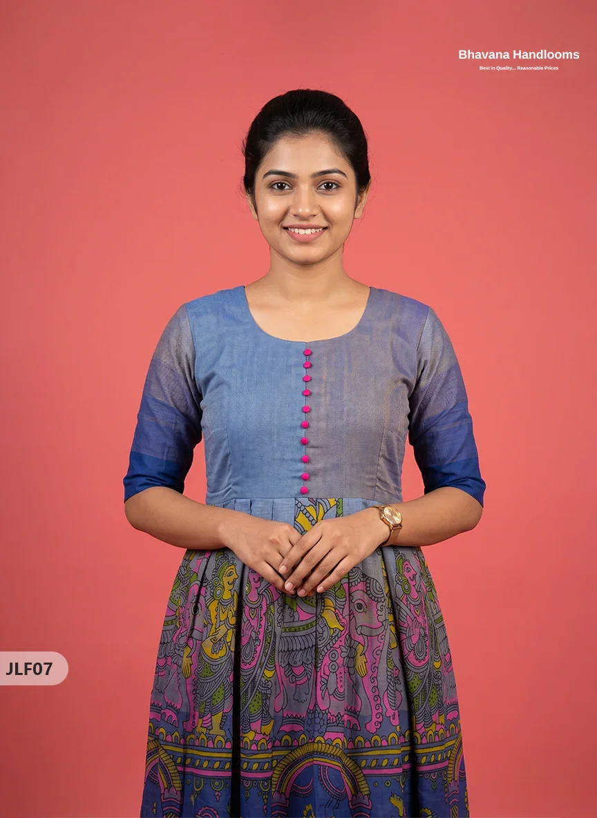 Traditional Handloom Frock with Ramayanam Design Prints in Multi Colour Shades | Dark Dusty Blue Colour