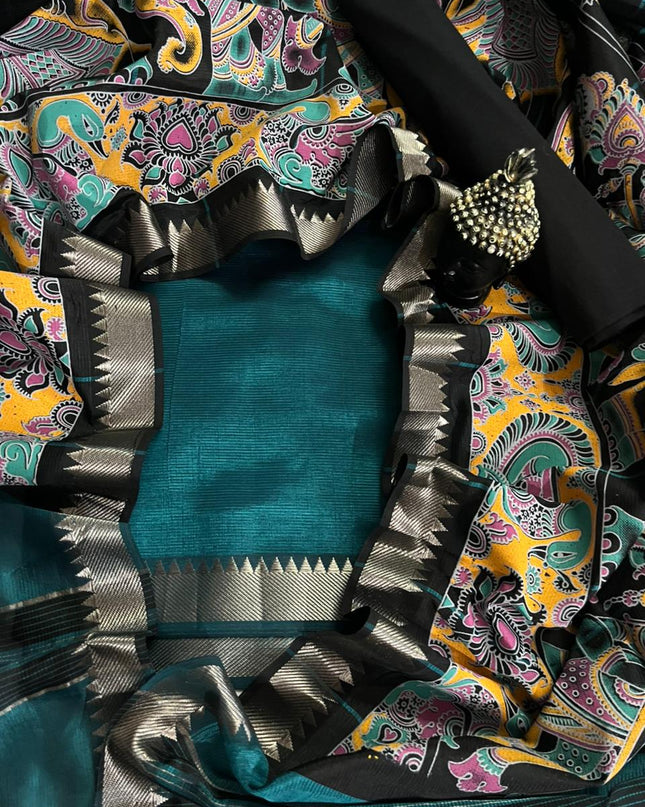 Mangalagiri Semi Pattu Dress Material with Zari Border – Deep Sea Green Colour