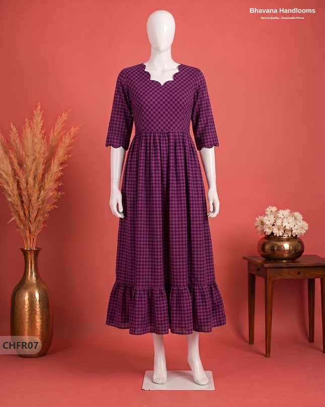 Handloom Cotton Frock in Deep Magenta & Black Checks with Stylish Neck Cut Work | Soft & Comfortable
