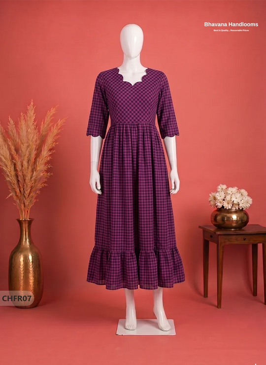 Mangalagiri Cotton Frock in Deep Magenta & Black Checks with Stylish Neck Cut Work | Soft & Comfortable