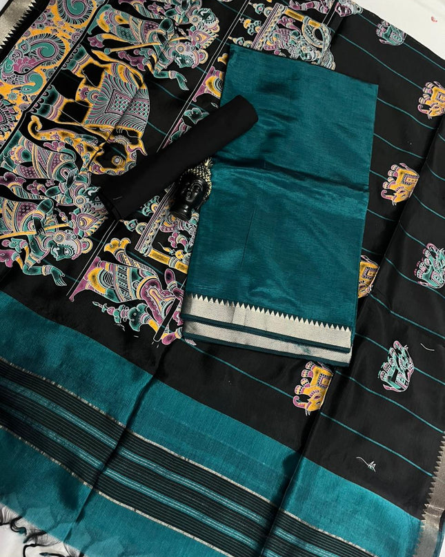 Mangalagiri Semi Pattu Dress Material with Zari Border – Deep Sea Green Colour