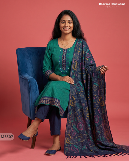 Premium Mangalagiri Kurti Set with Embroidery Design, Threads Bottom & Printed Dupatta – Emerald Green Colour