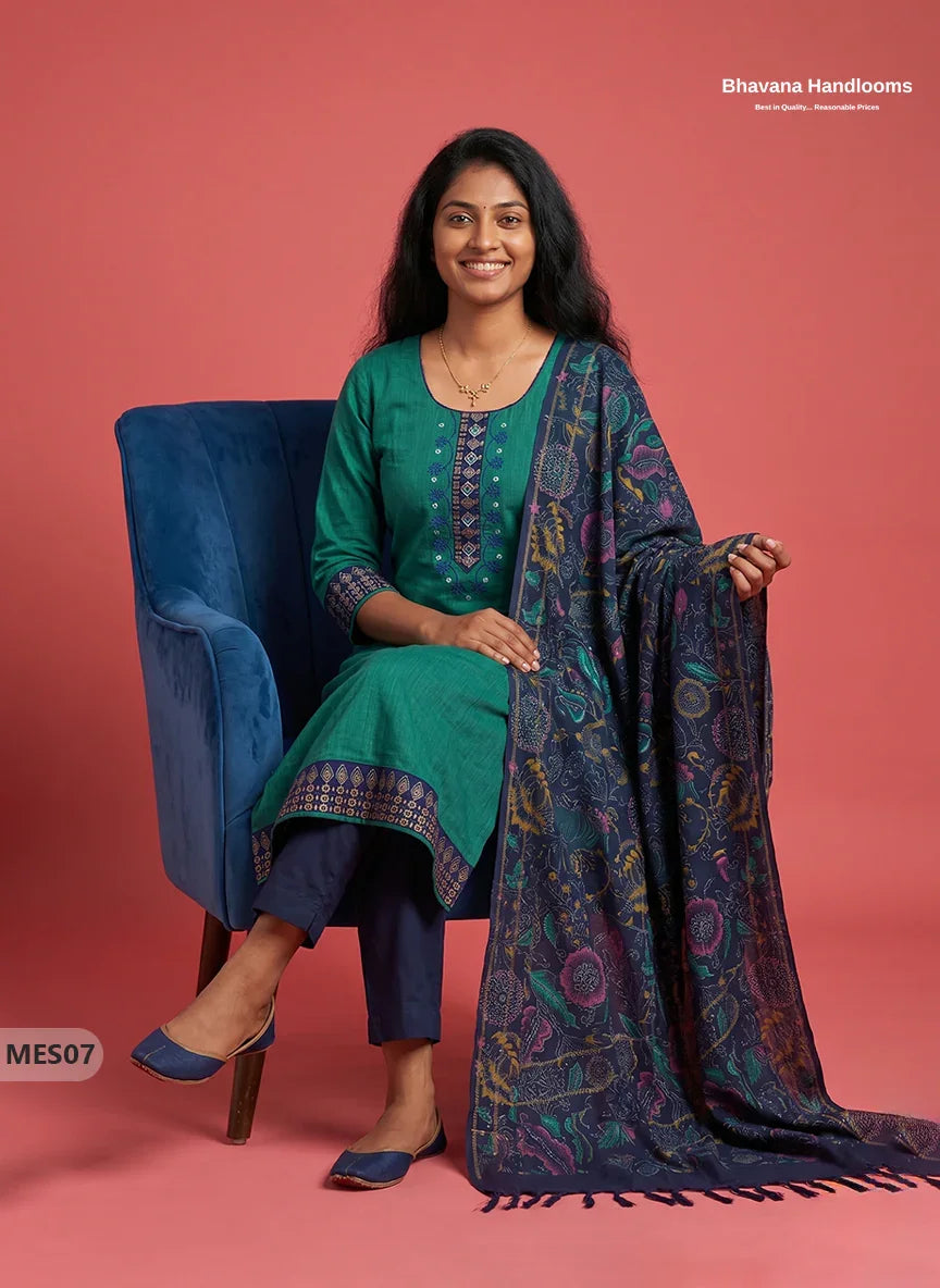 Premium Mangalagiri Kurti Set with Embroidery Design, Threads Bottom & Printed Dupatta – Emerald Green Colour