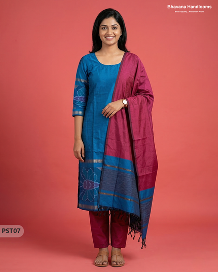 Pochampally Semi Pattu 3PC Kurti Set in Sky Blue Colour | Ready-to-Wear Ethnic Wear