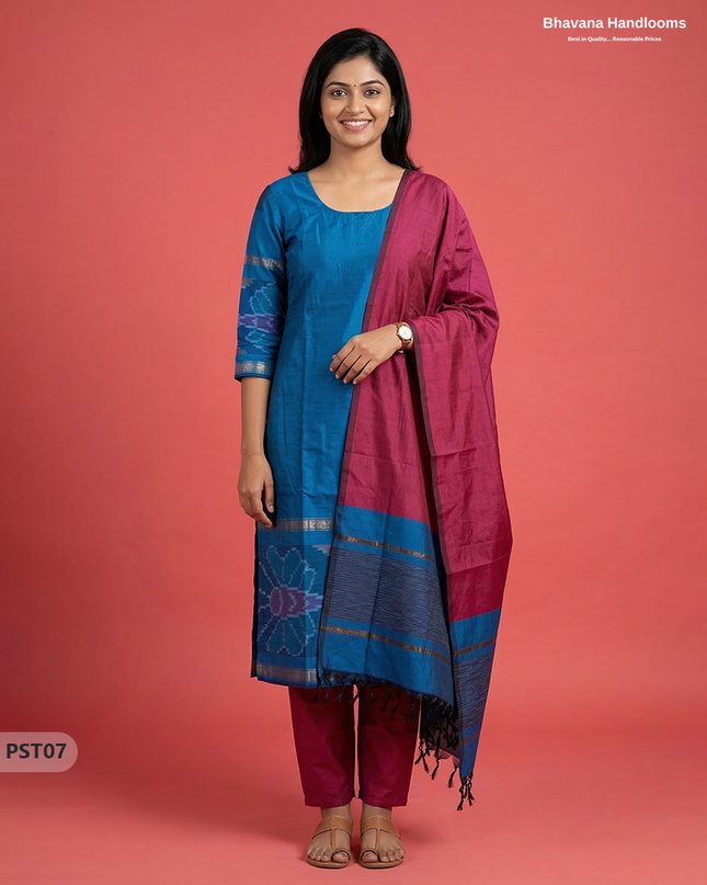 Pochampally Semi Pattu 3PC Kurti Set in Sky Blue Colour | Ready-to-Wear Ethnic Wear
