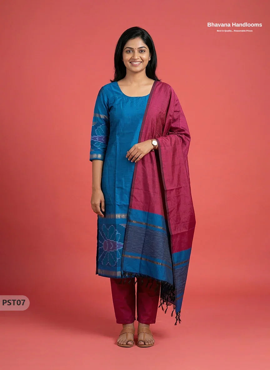 Pochampally Semi Pattu 3PC Kurti Set in Sky Blue Colour | Ready-to-Wear Ethnic Wear