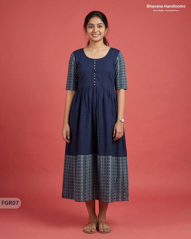 Summer Special Premium Cotton Handloom Frock with Woven Design | Navy Blue Colour