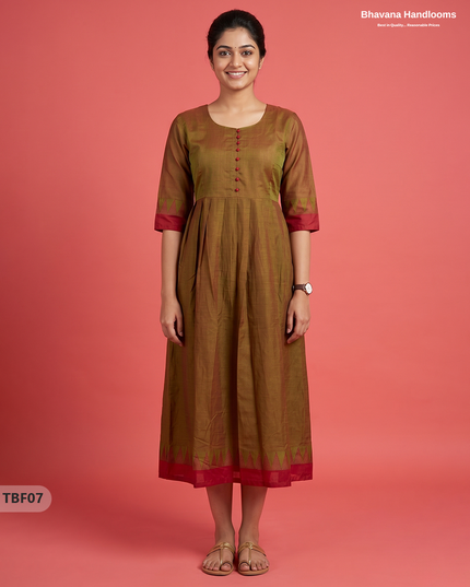 Premium Mangalagiri Temple Border Frock with Potli Balls | Antique Bronze Brown Colour | Half Lining