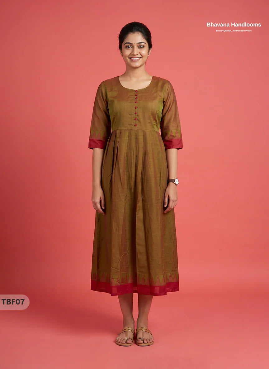 Premium Mangalagiri Temple Border Frock with Potli Balls | Antique Bronze Brown Colour | Half Lining