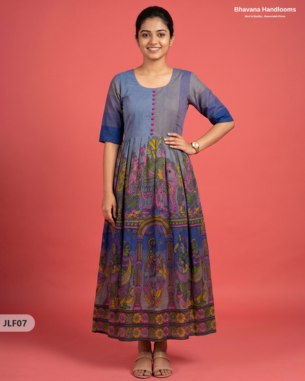Traditional Handloom Frock with Ramayanam Design Prints in Multi Colour Shades | Dark Dusty Blue Colour
